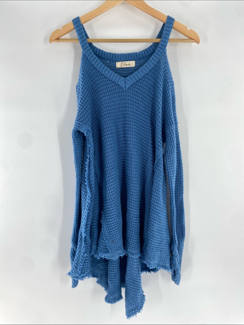 Elan Waffle Blue V-Neck Cold Shoulder Sweater Gently Used